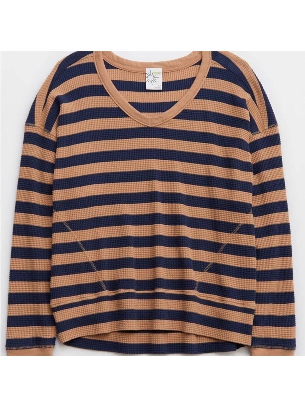 NWT OFFLINE By Aerie Wow! Waffle Oversized T-Shirt Striped V-Neck Tan Sweater S - Picture 15 of 16
